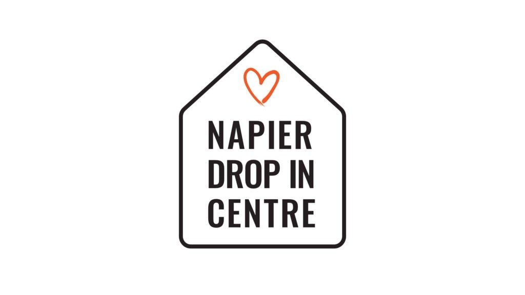 Napier Drop-In Centre logo shows a house icon with a heart shape above the words inside